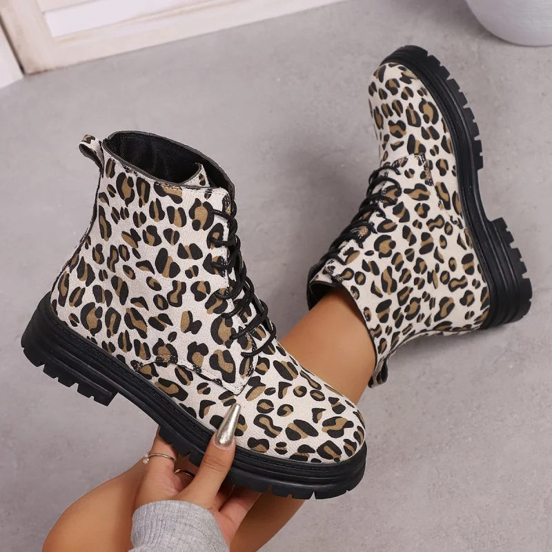 الخريف الشتاء موضة كبيرة الحجم صندل بكعب مكتنز جولة تو ليوبارد طباعة أحذية بوت قصيرة المرأة الجلد المدبوغ الدانتيل متابعة أحذية الموضة