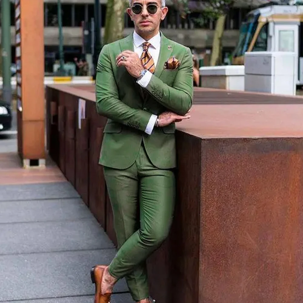 

Elegant Wedding Men's Suits Green Single Breated Peak Lapel Flat Regular Length Outfits Set Slim Fit 2 Piece Jacket Pants Blazer