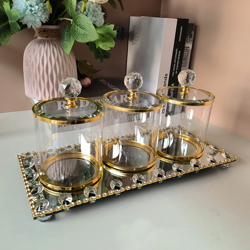 4pcs Glass Candy Jar with Lid Mirror Tray Jewelry Cosmetic Aromatherapy Tea Cup Storage Tray Gold Dried Fruit Snack Sealed Jar