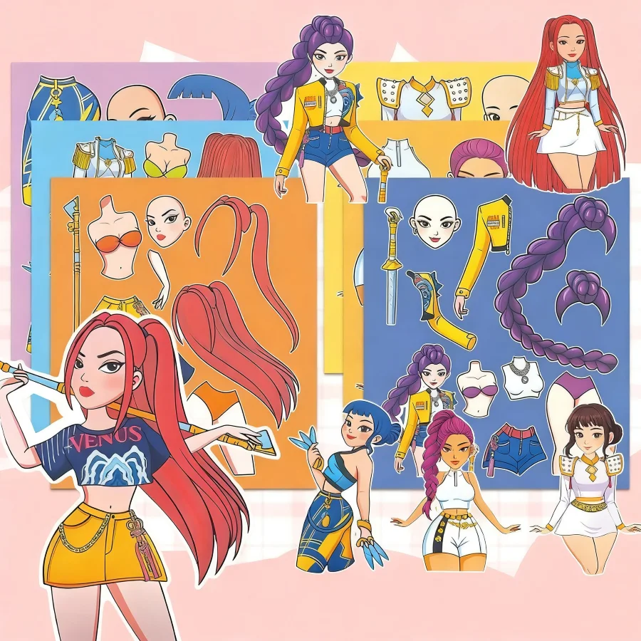 6pcs kpop Witch Hunting Team Dress Up Stickers Cartoon Children's Handmade Fun No Cutting DIY Dress Up Stickers