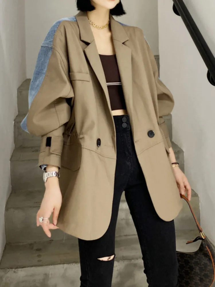 DEAT Women Denim Blazer notched collar Patchwork Denim Drawstring Waist Long Sleeve Suit Jackets 2024 Autumn New Fashion 29L3808