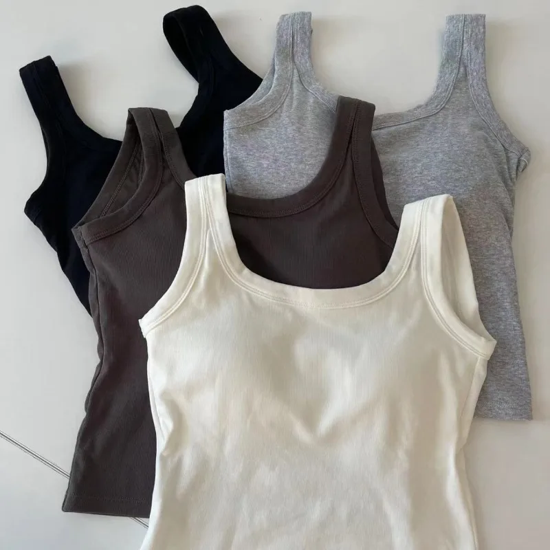 Summer Pure Cotton Vest with Built-in Chest Pad and Fixed Cup Simple Mid-length Suspender Top for Women Tops De Mujer