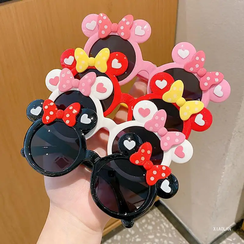 Serie Disney di occhiali da sole Mickey con fiocco per bambini, occhiali da sole da cartone animato per ragazze, simpatici ombretti Minnie, Spot hot