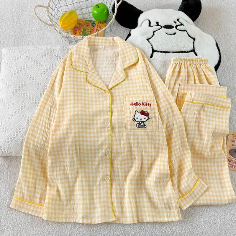 

Embroidery Hellokitty Letter Cute Women's Pajamas Set Plaid Harajuku Style Cartoon Cute 2Pc Set Nightwear Autumn New Homewear