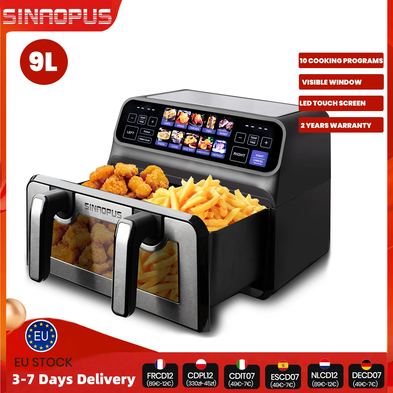 مقلاة هوائية ساخنة 2200 وات سلة مزدوجة 9 لتر XXL مقلاة هوائية متعددة الوظائف مع شاشة LED تعمل باللمس برامج تلقائية قابلة للتوقيت