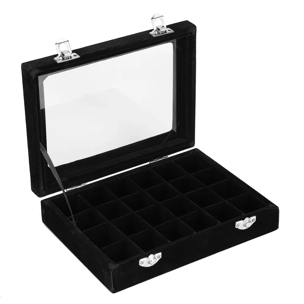 

Velvet 24 Grids Rhinestone & Nail Gem Storage Box Transparent Lid Black Black Velvet Jewelry Display Box Clear Lid