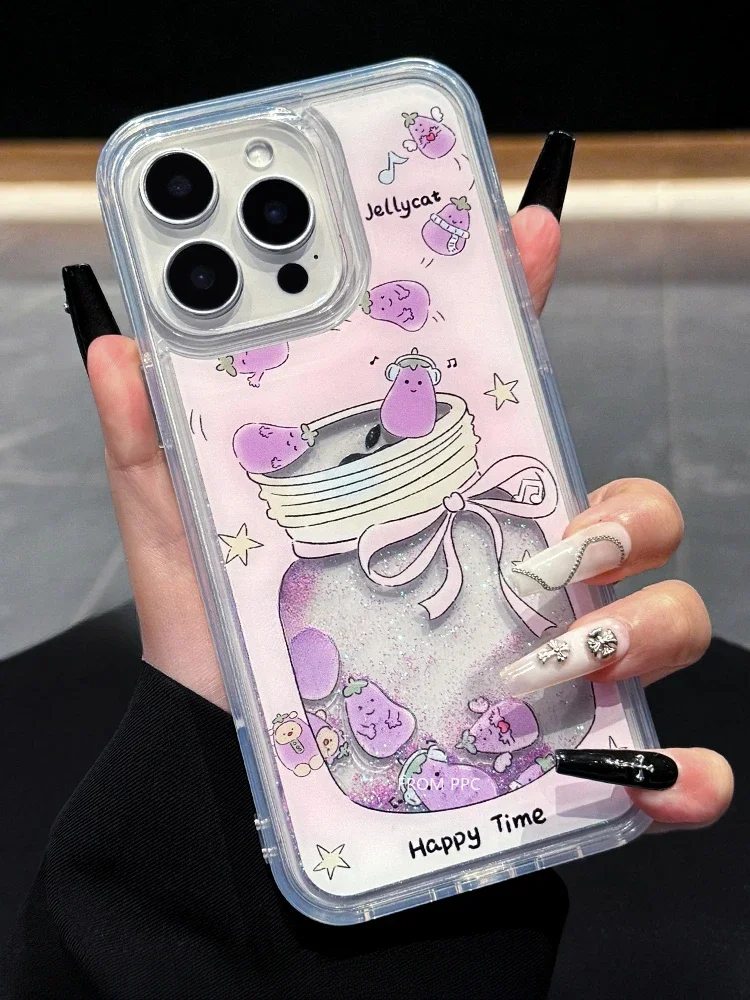 Cute Wish Bottle Glitter Quicksand Case for iPhone 16 Pro Max 15 14 Phone Cover Eggplant Floating Gloss Hard Coque Funda Women