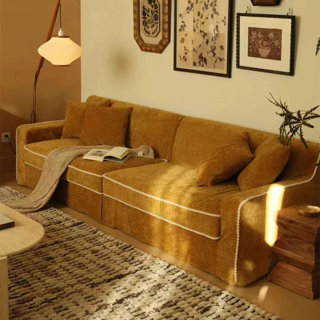 

&c French Retro Advanced Coco Sofa Yellow Chenille French Pastoral Style Straight Cloth Gym Mall Hotel Villa Hospital School