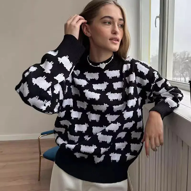 2025 New Autumn Winter Fashionable Warm Women's Knitted Tops Leisure Cute Alpaca Pattern Round Neck Long-sleeved Loose Pullover