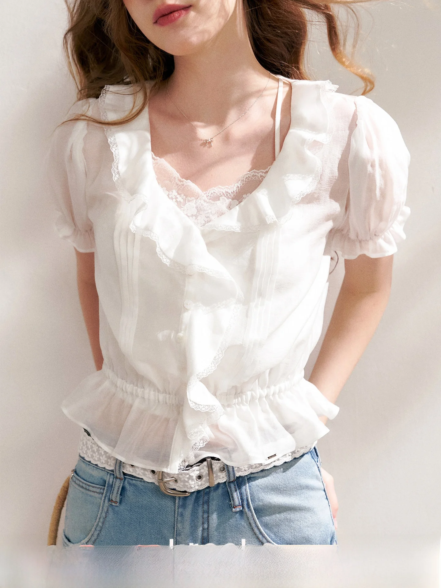 

Женская блузка Kroche Aurora Core с кружевными рукавами-фонариками, V-образным вырезом, тонкая, прозрачная, из лиоцелла, в стиле пэчворк, корейский стиль, свободный крой, летняя