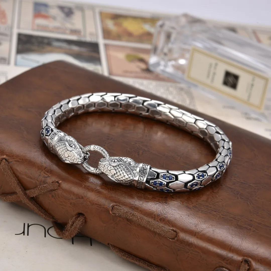 

S925 sterling silver bracelet with retro personality, blue zircon snake pattern chain for men and women, European and American