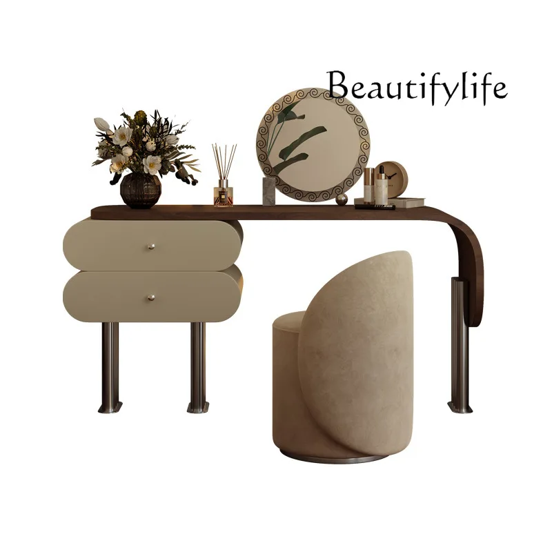 

Makeup table dresser light luxury solid wood, high-end sense medium and ancient style makeup table bedside table integrated