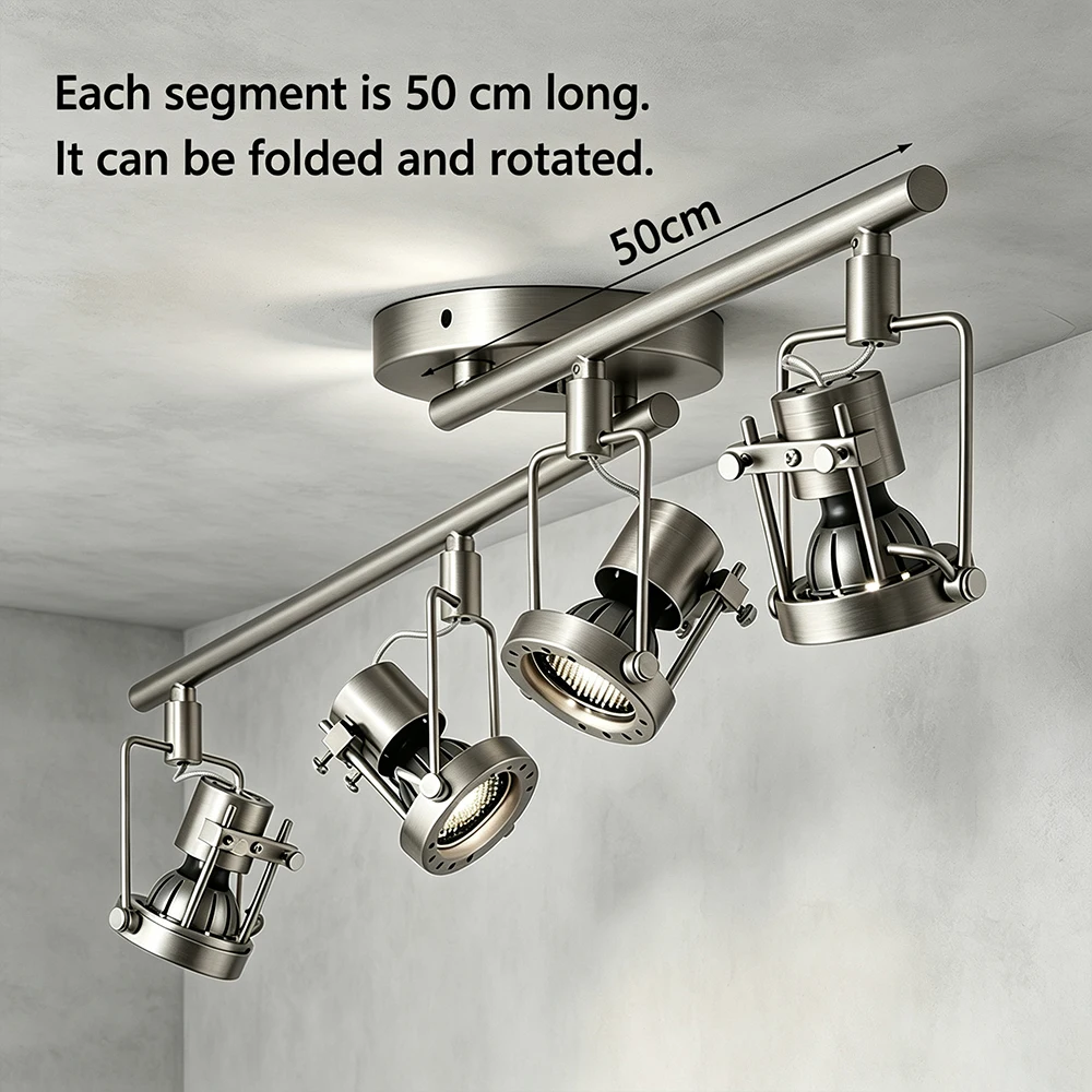 Foldable LED Track Lighting Kit 6 Lights 50cm Extendable Rotatable Ceiling Spotlights Vintage Industrial Metal Pendant Rail Lamp