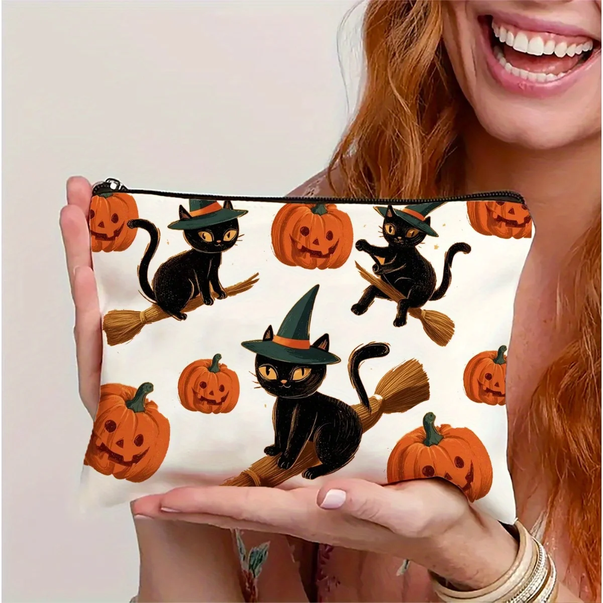 

A Halloween Broom-riding Black Cat Patterned Makeup Bag- Multifunctional Zipper Pouch, Jewelry Storage Bag, Perfect Travel Zippe