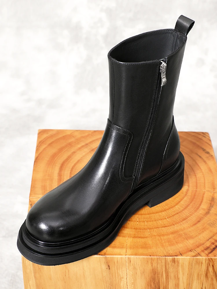 Design Fashion Round Toe Cowhide Casual Chelsea Boots Men Genuine Leather Mid Calf High Top Shoes Male Formal Work Boots