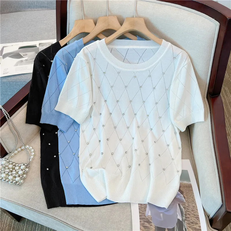 Summer Diamonds Knitted T-Shirt Women's Argyle Casual Loose O-Neck Short Sleeve Knitwear Tops Tees Vintage Oversized T Shirts