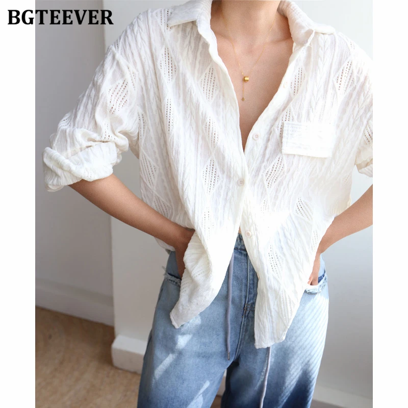 BGTEEVER Spring Summer Fashion Long Sleeve Pocket Women Hollow Out Blouses Tops Casual Lapel Female Single-breasted Shirts