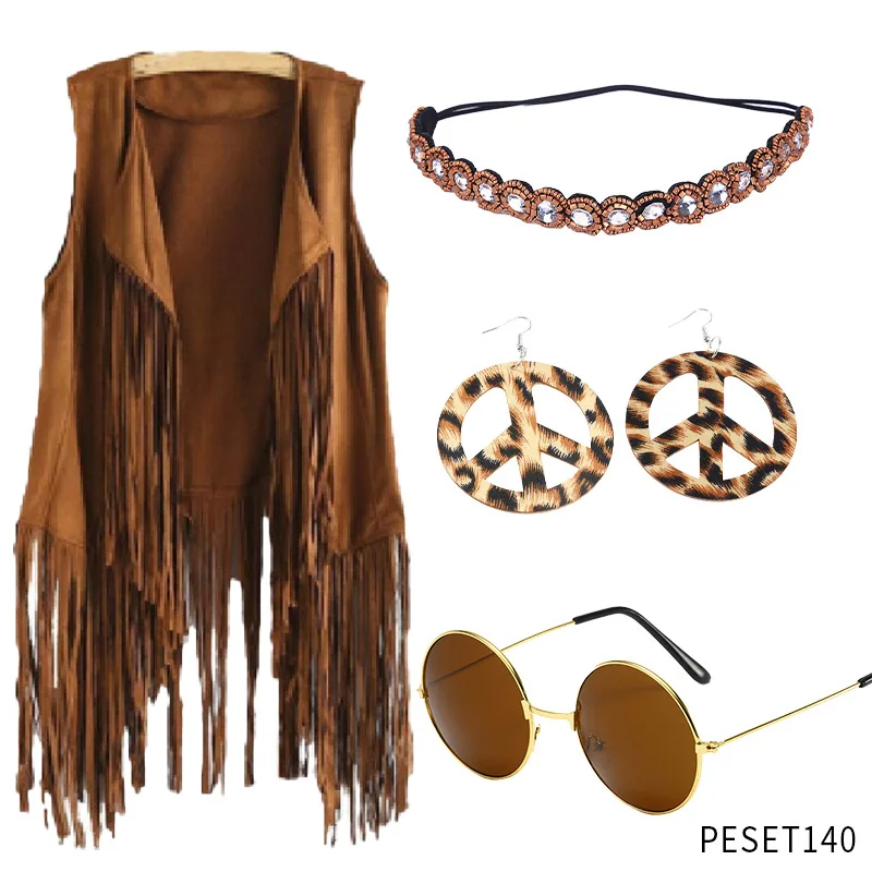 60s 70s Hippie Costume for Women Peace Sign Earring Necklace Headband Fringe Vest Tassel Cardiga Disfraz Halloween Mujer