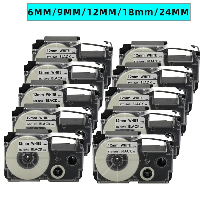 10 PCS 6/9/12/18/24mm Label Tape XR-6WE XR-9WE XR-12WE XR-18WE XR-24WE for Casio KL-60 KL-820 KL-120 KL-130 KL-750 Label Maker