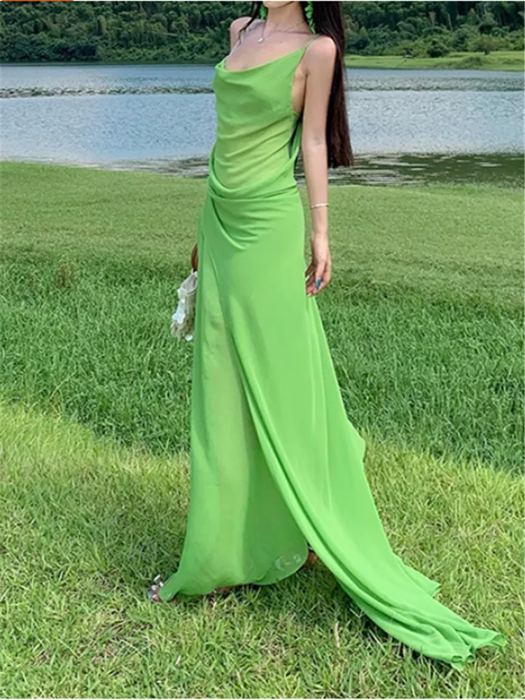 バックレスサマーグリーンメッシュフェアリーホリデーイレギュラーロングドレスノースリーブスイングカラーバケーションビーチフォトメッシュキャミソールドレス