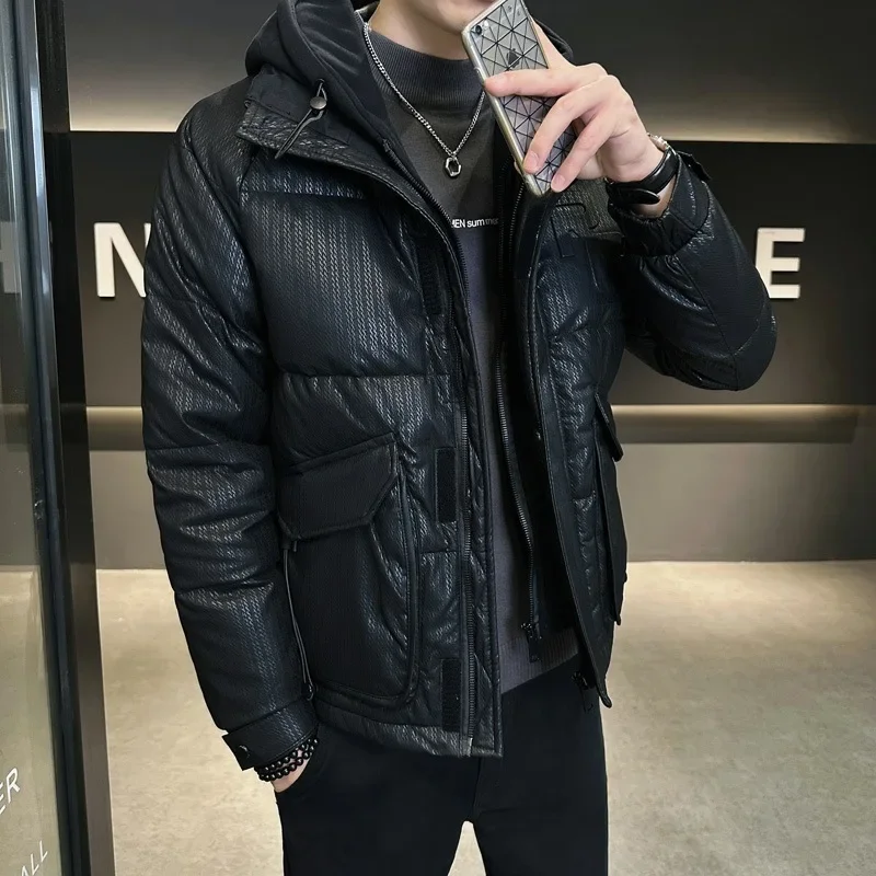 Luxury PU Leather Down Jacket Men Winter Warm White Duck Down Coat Windproof Jacket Hooded Short Tops Long Sleeve Jackets Trends