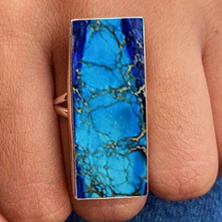 Fashionable and Exquisite Bohemian Style Retro Rectangles Turquoise Ring for Women Men Birthday Anniversary Party Jewelry