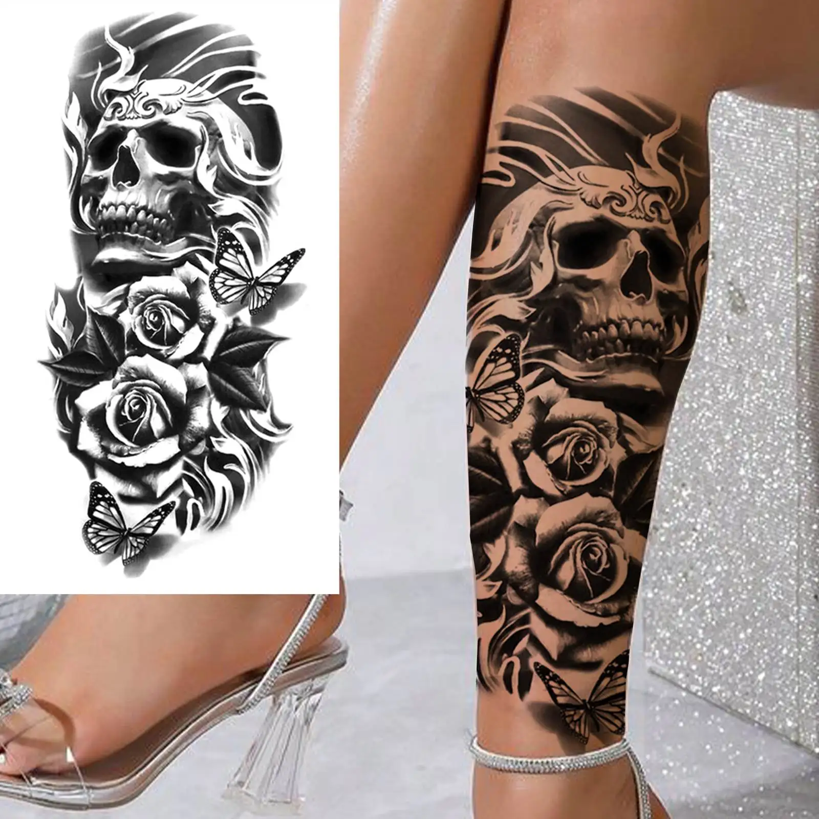 1 Sheet Skeleton Temporary Tattoos For Women Men Fake Death Skull Flower Tattoo Sticker Body Art Drawing Arm Forearm Waist Back