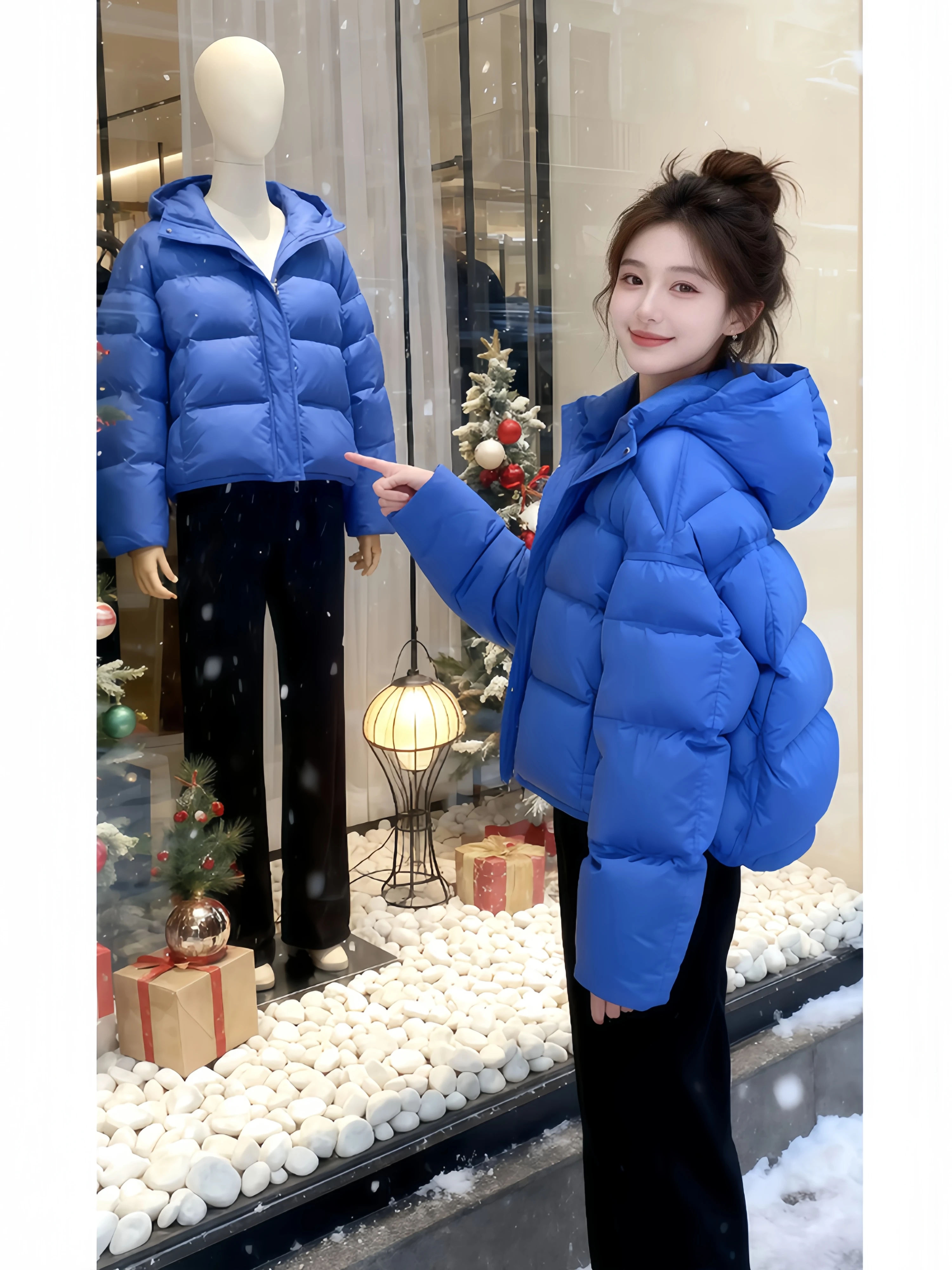

Thickened Blue Hooded down Cotton Jacket Women's Winter Fashion Versatile Warm Outerwear Korean Style Loose Fit Long Sleeve