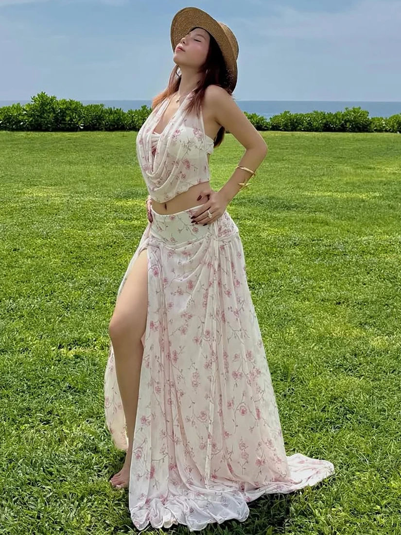 

Sisjuly Spring Bright Floral Print Backless Neck Hanging Strap Long Skirt Set Women's Casual Sport Suit High Waist Breathable