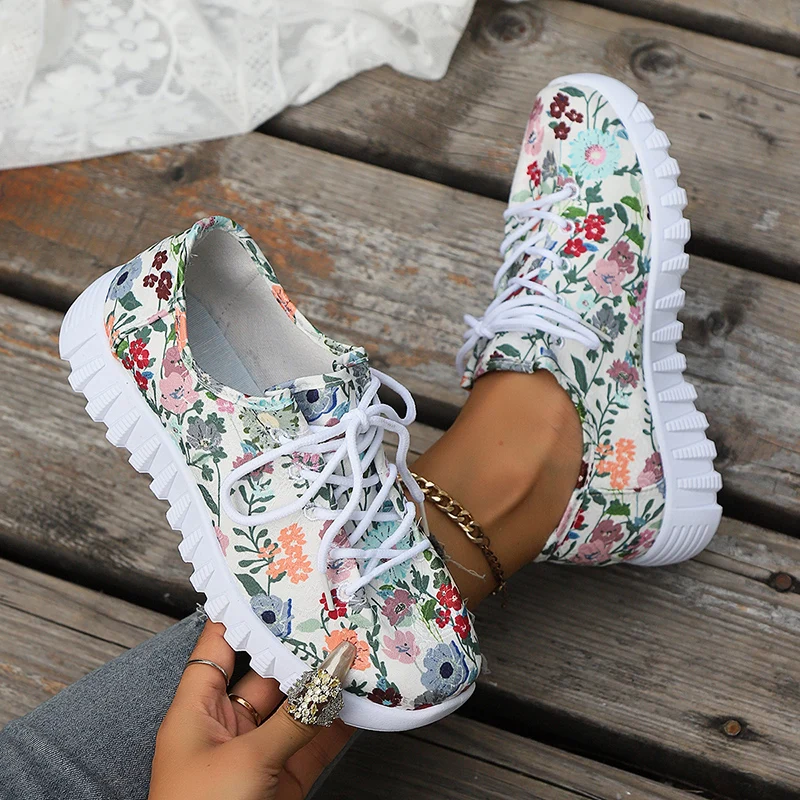 Trend Multi-color Floral Print Women Sneakers Outdoor Lace Up Shallow Woman Shoes Leisure Comfort Thick Bottom Single Shoes