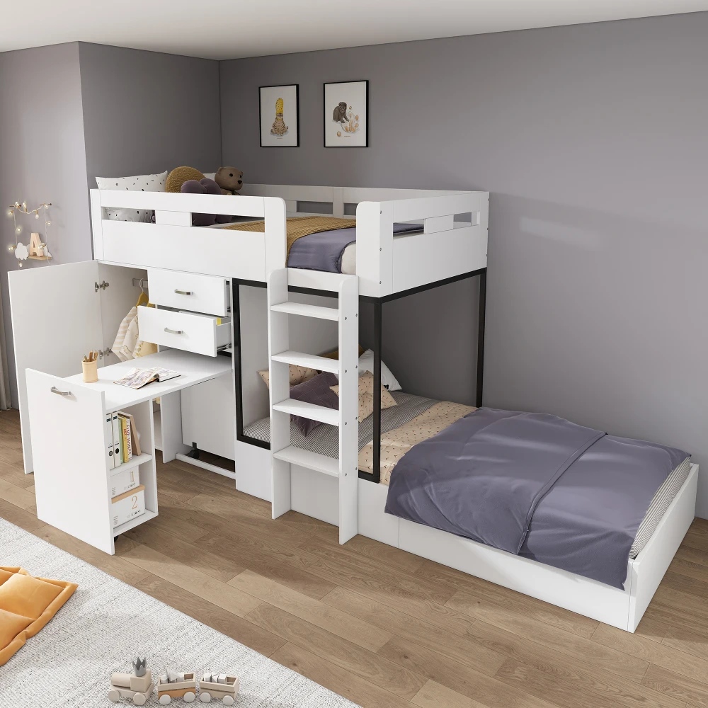 Weißes multifunktionales Kinder-Etagenbett 90cm X 200cm mit ausziehbarem Schreibtisch, Kleiderschrank, Schubladen, Regalen, Sicherheitsleiter, Kinderzimmer-Bettgestell, Matratze nicht enthalten, für