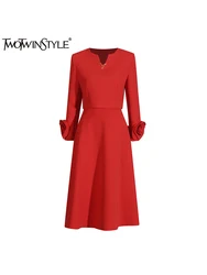 TWOTWINSTYLE Solid Slimming Two Piece Set For Women V Neck Long Sleeve Spliced Appliques Top High Waist Skirt Set Female Fashion