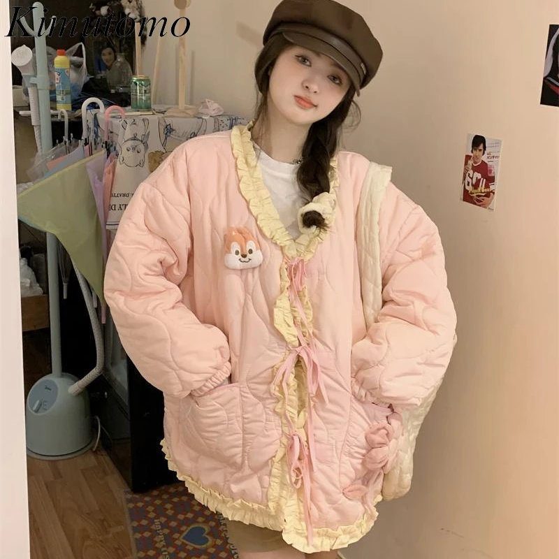 Kimutomo Wood Ear Hem Pink Quilted Coat V Neck Lace Up Bows Loose Jackets Korean Preppy Style Kawaii Winter Clothes Women