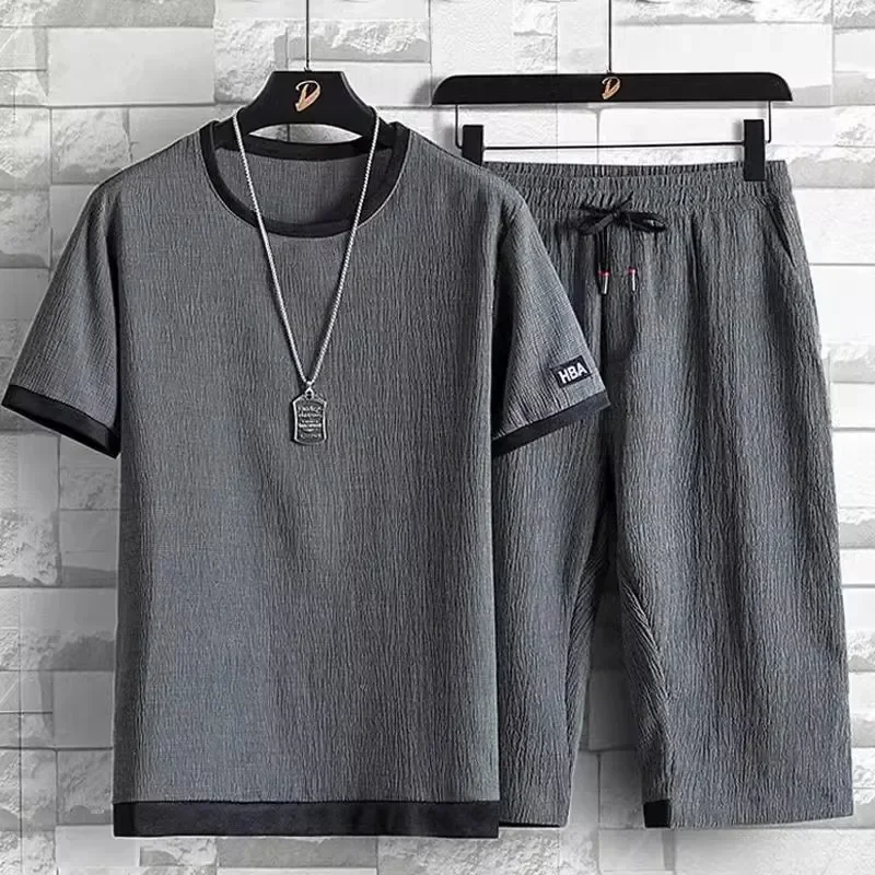 

Summer Casual Ice Silk Short Sleeve T-Shirt Shorts Set for Men Fashionable Two-Piece Suit Lightweight Male Clothing Ensemble