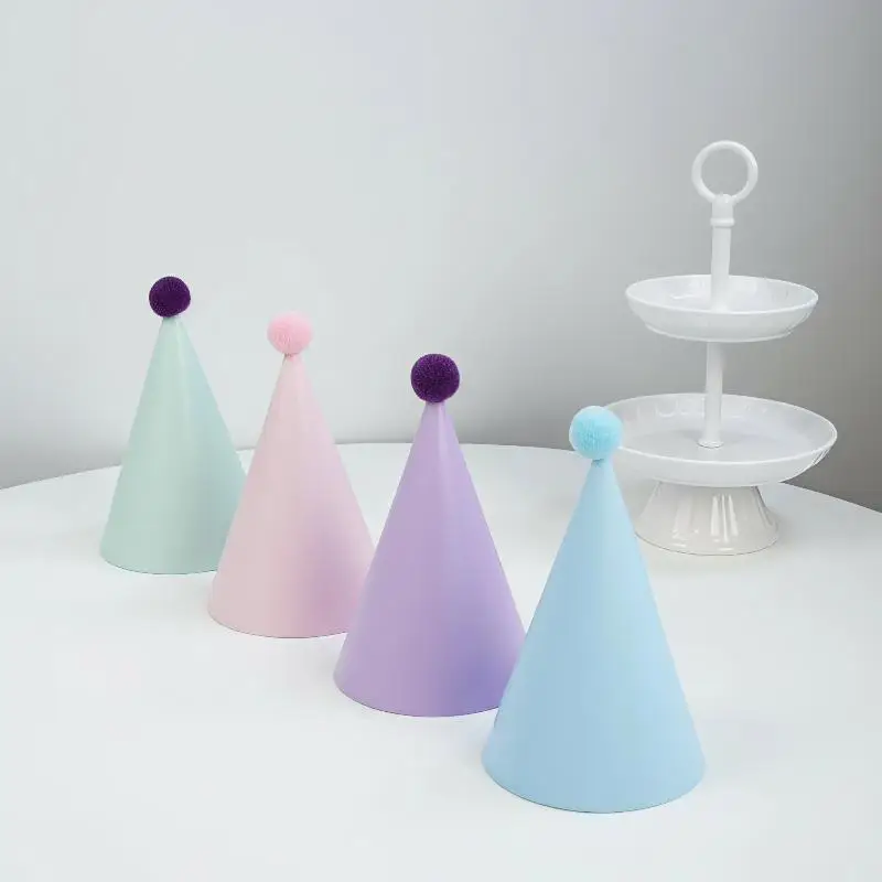 Cone Birthday Party Hats with Soft Pom Poms Colorful Disposable Paper Hats 5/12Pcs for Kids Baby Shower Celebration Events
