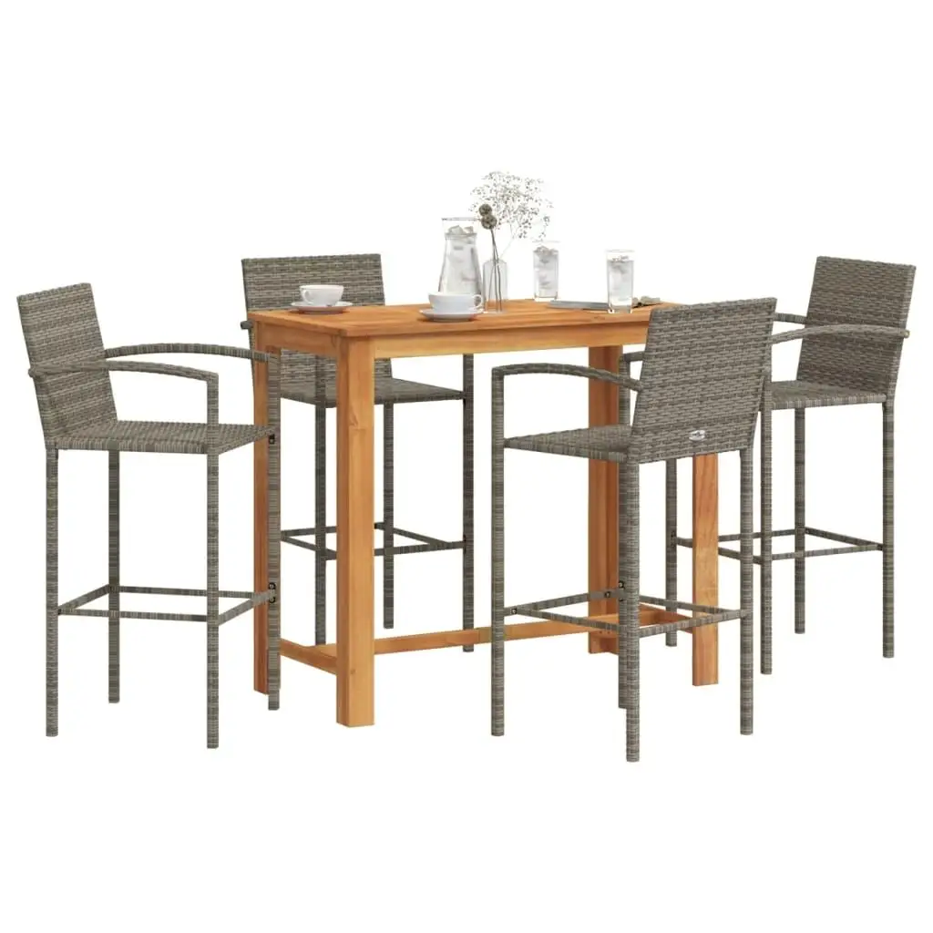 5-Piece Gray Acacia Wood & Poly Rattan Patio Bar Set for Outdoor Living