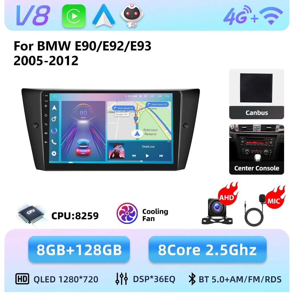 Podofo 8-core Android autoradio voor BMW E90/E92/E93 2005-2012 met draadloze Carplay, Android auto-audio, GPS-navigatie, 4G LTE en WIFI