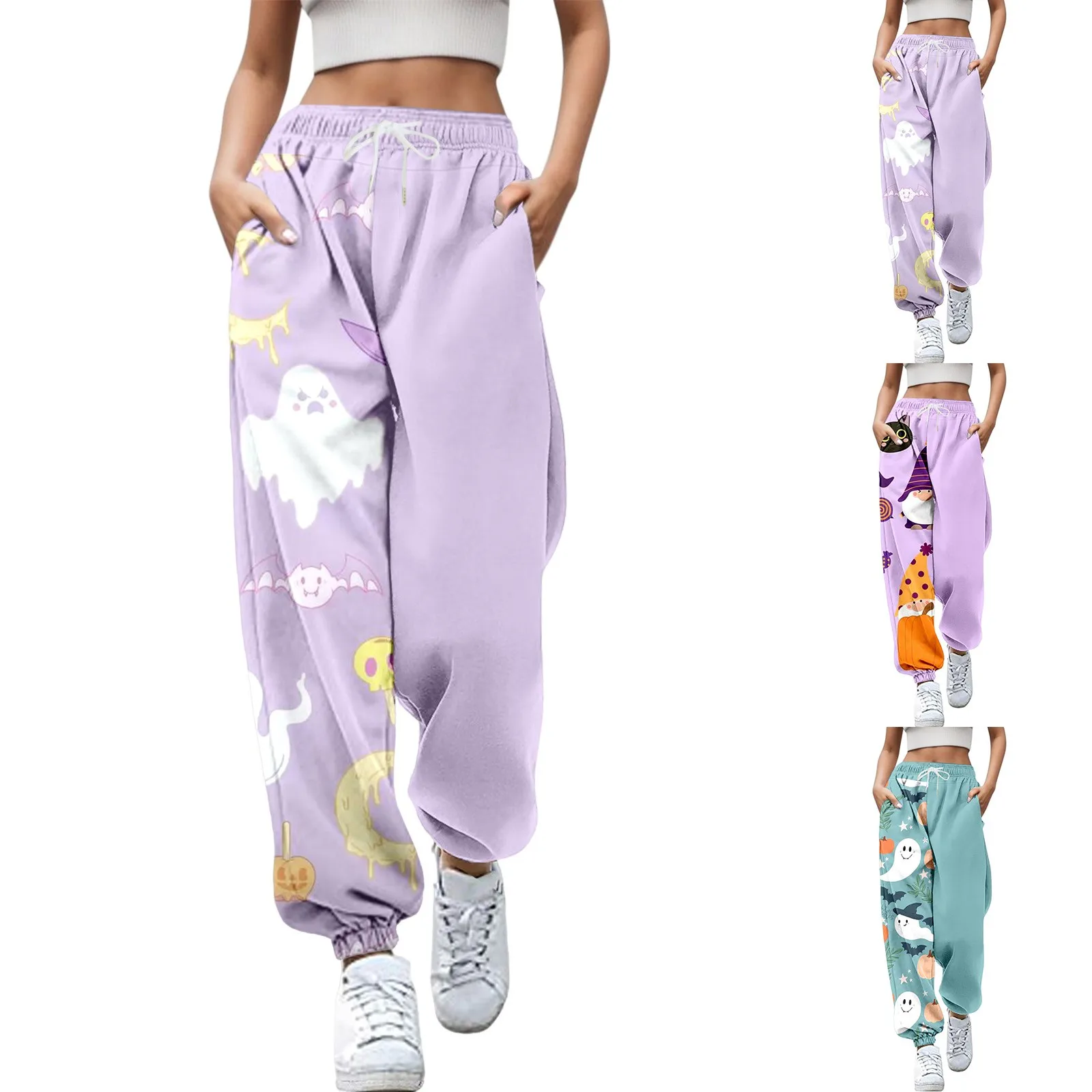 Übergroße Jogging hose für Halloween bequeme Damen hose mit hoher Taille blau kawaii Straight Ghost Pumpkin Print Pantalone