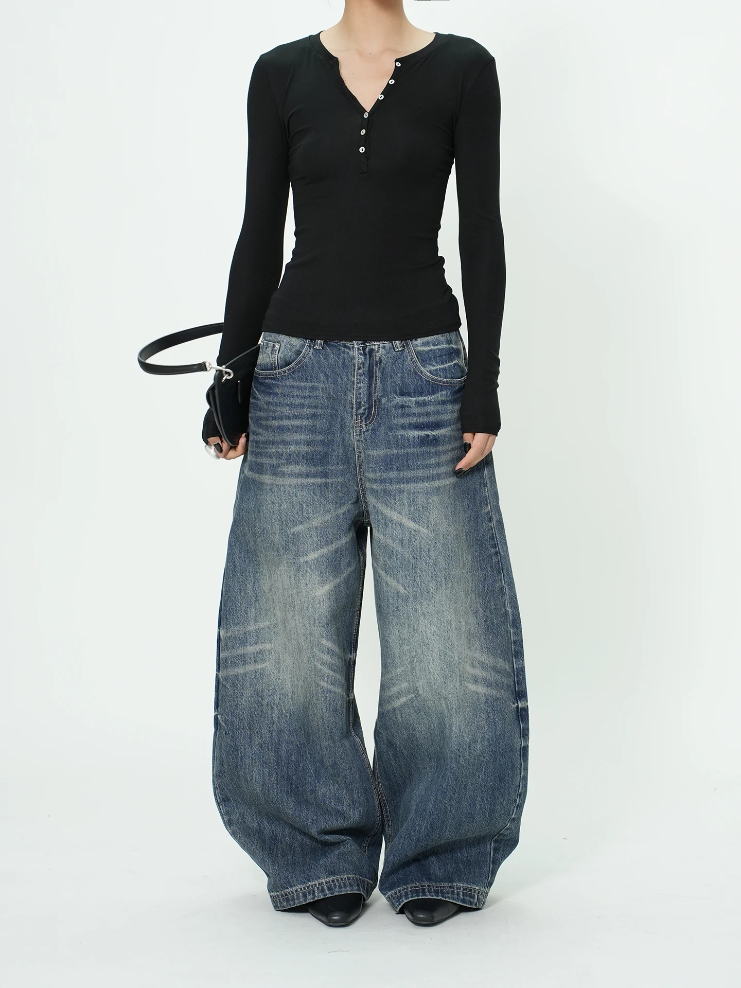 

Low Waist Wide Leg Jeans Claw Design Lazy Washed out Style Casual Female Spring Cotton Denim Trousers Fashionable Loose Fit