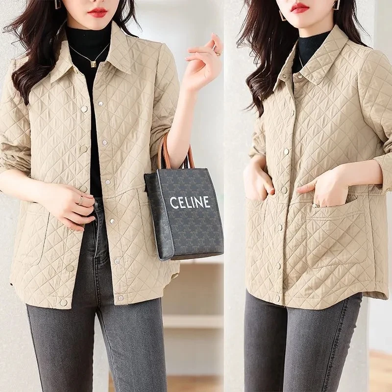 Plus Size 4XL Women\'s Cardigan Cotton-padded Jacket Coat Autumn And Winter 2023 New Fashion Loose Warm Rhombic Lattice jacket