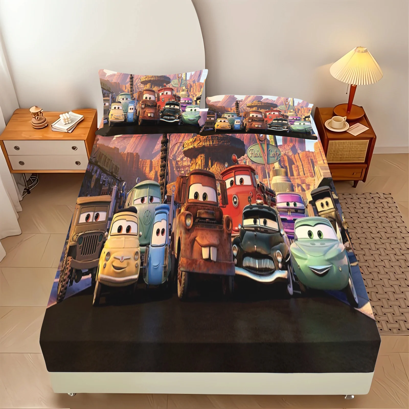 Christmas, Lightning McQueen 100% Polyester With Pillowcas Bedding Set  Fitted Sheet Bed Cover Full 3D Printed Children'S