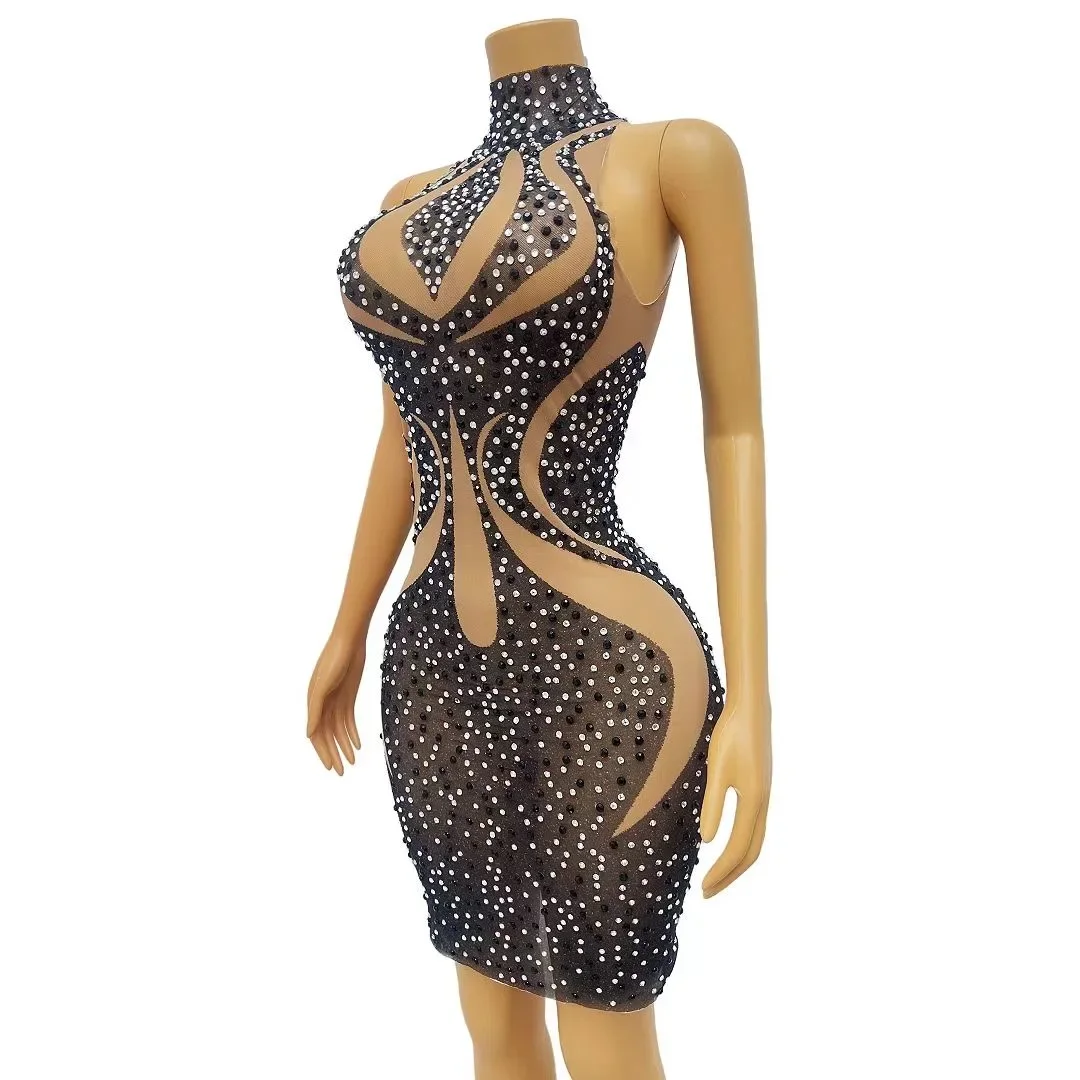 Black Rhinestones Nude Sexy Transparent Strech Celebrate Dress Birthday Stage Wear Prom Party Dance Outfit