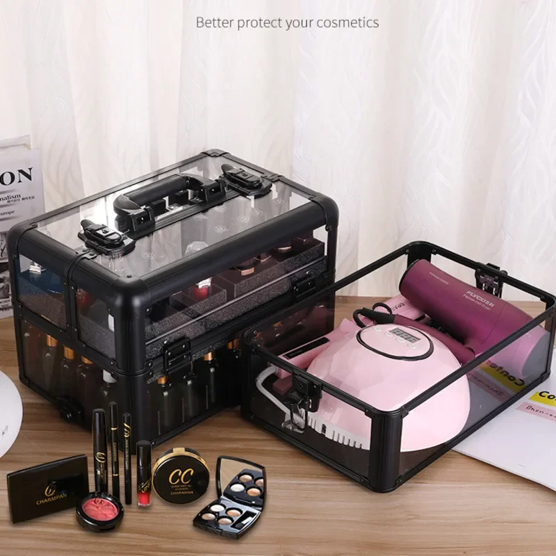 Large Capacity Transparent Makeup Case Portable Professional Multi-layer Nail Oil Storage Box With Lock Waterproof Beauty Box
