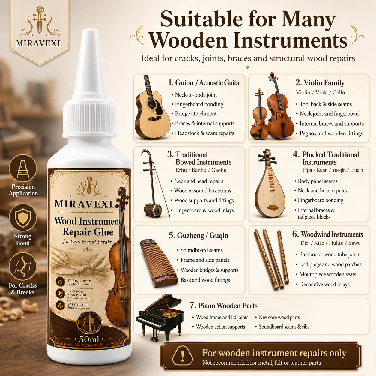 Wood Instrument Repair Glue 50ml Set Flat Brush Detail Brush for Guitar Violin Cello BridgeNeck Crack Fix Adhesive Kit Pack Pro image 6