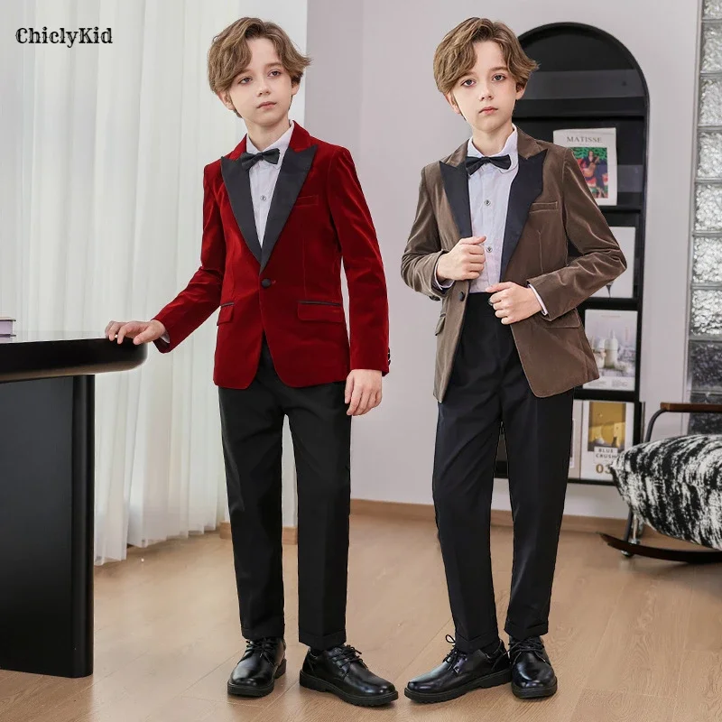 Boys Tuxedos Blazer Suit Jacket Pants Formal Dress Kids Shiny Wedding Clothes Sets Child Toddler Gentlemen Performance Costumes