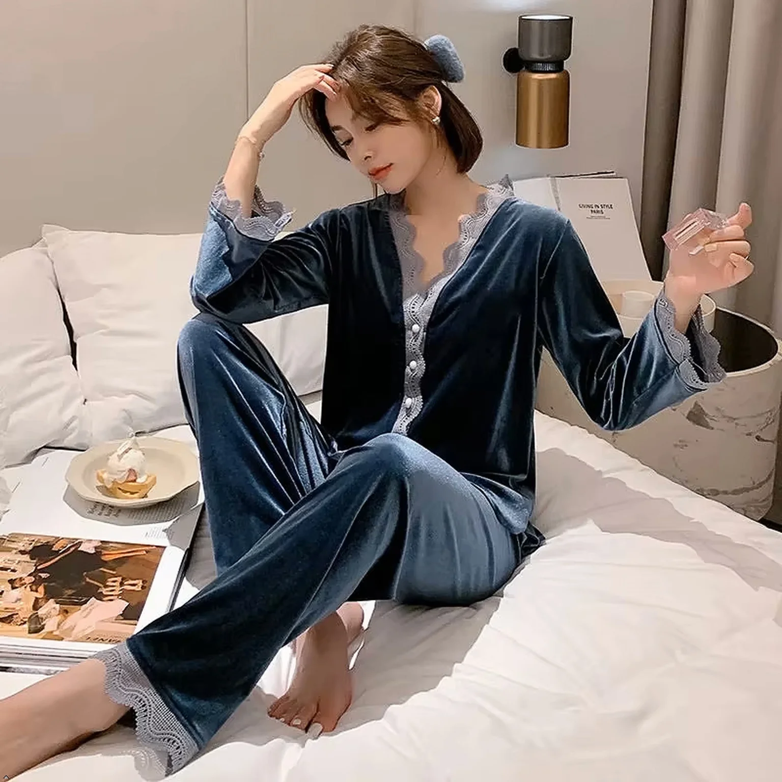 Women's 2 Piece Soft Pajamas Set, Blue V-Neck Sweet Lace Trim, Spring Loungewear Sleepwear, Mother's Day Gift Idea