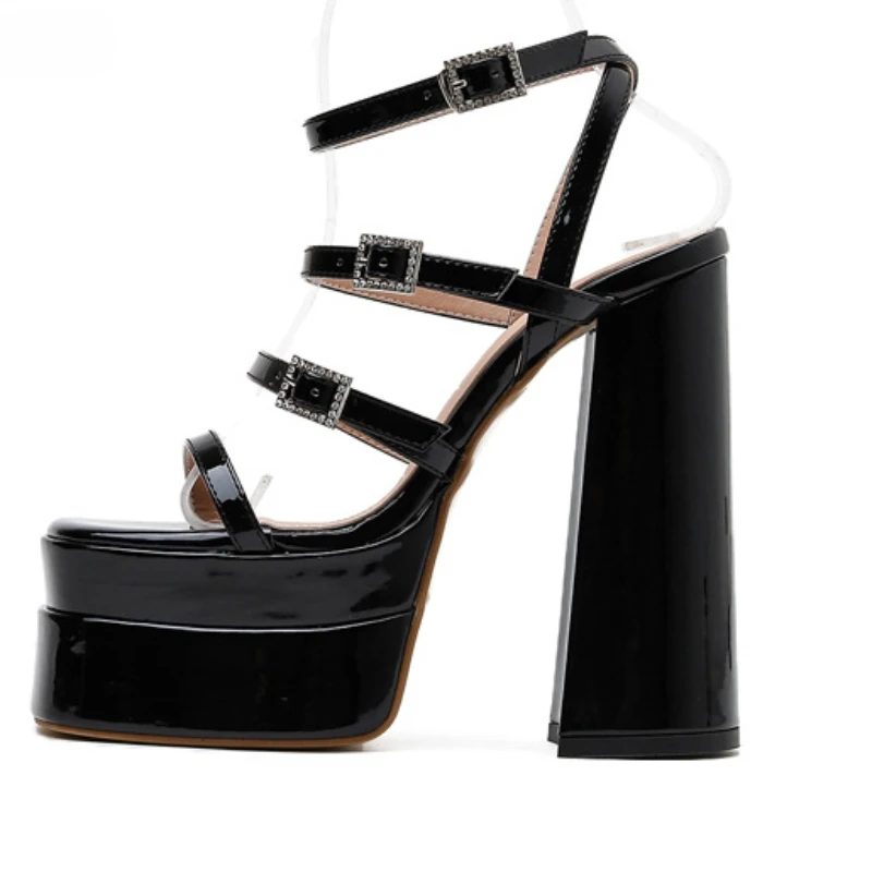 여름 새 스퀘어 발가락 Chunky Heel 여성용 하이힐 Peep-Toe Stiletto 플랫폼 샌들 여성용 14cm 런웨이 샌들