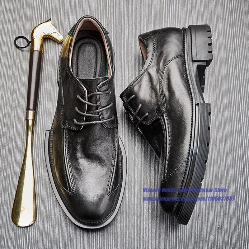 Black/brown Leather Thick Sole Lace Up Men's Shoes Height Increasing Business Dress Shoes ﻿Vintage Handcrafted Men's Shoes
