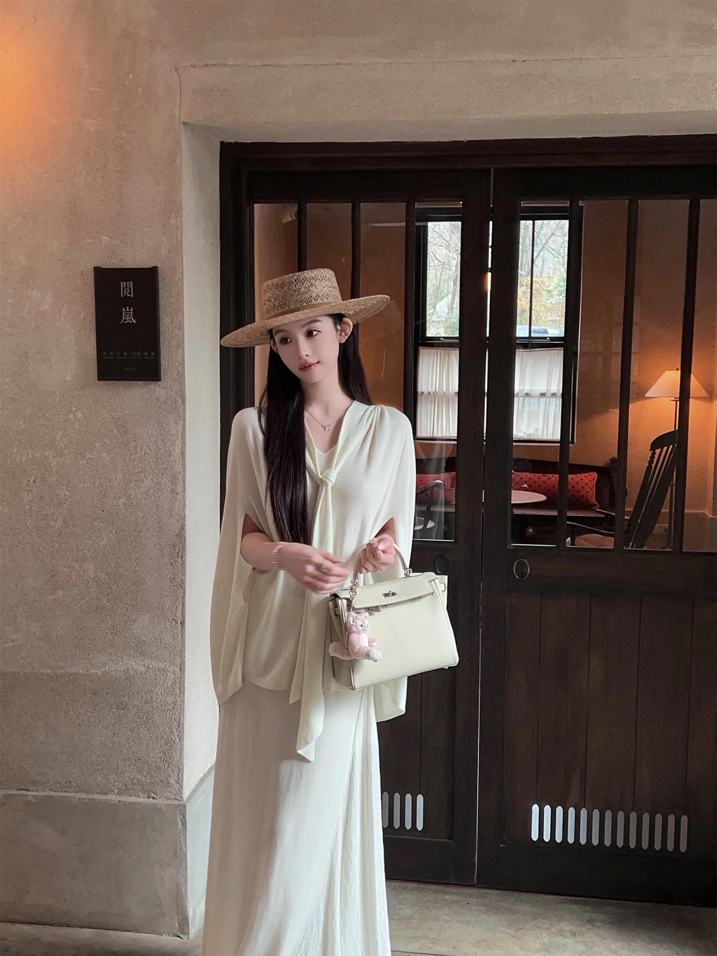 

FairyJiang Summer New White Knitted Cape Top Set Women's Straight Tube Long Skirt Two-Piece Set Breathable V-Neck Loose Fit