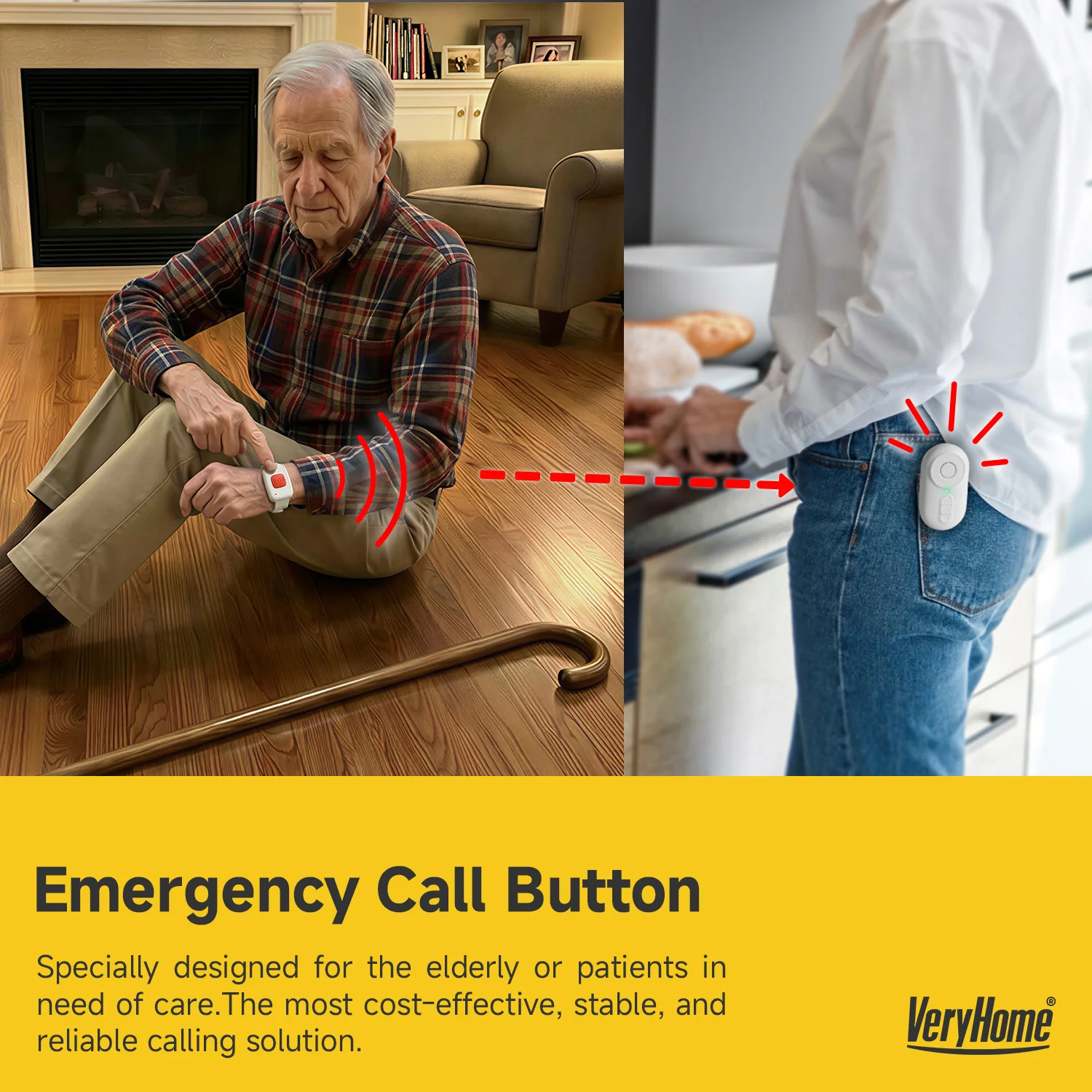Simple SOS Watch & Vibration Pager Kit | Elderly Safety Alert System | Caregiver Personal Call Button Monitor Home
